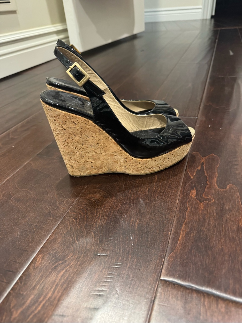 Jimmy Choo Black Patent Cork Wedge Slingback Peep-Toe Sandals
